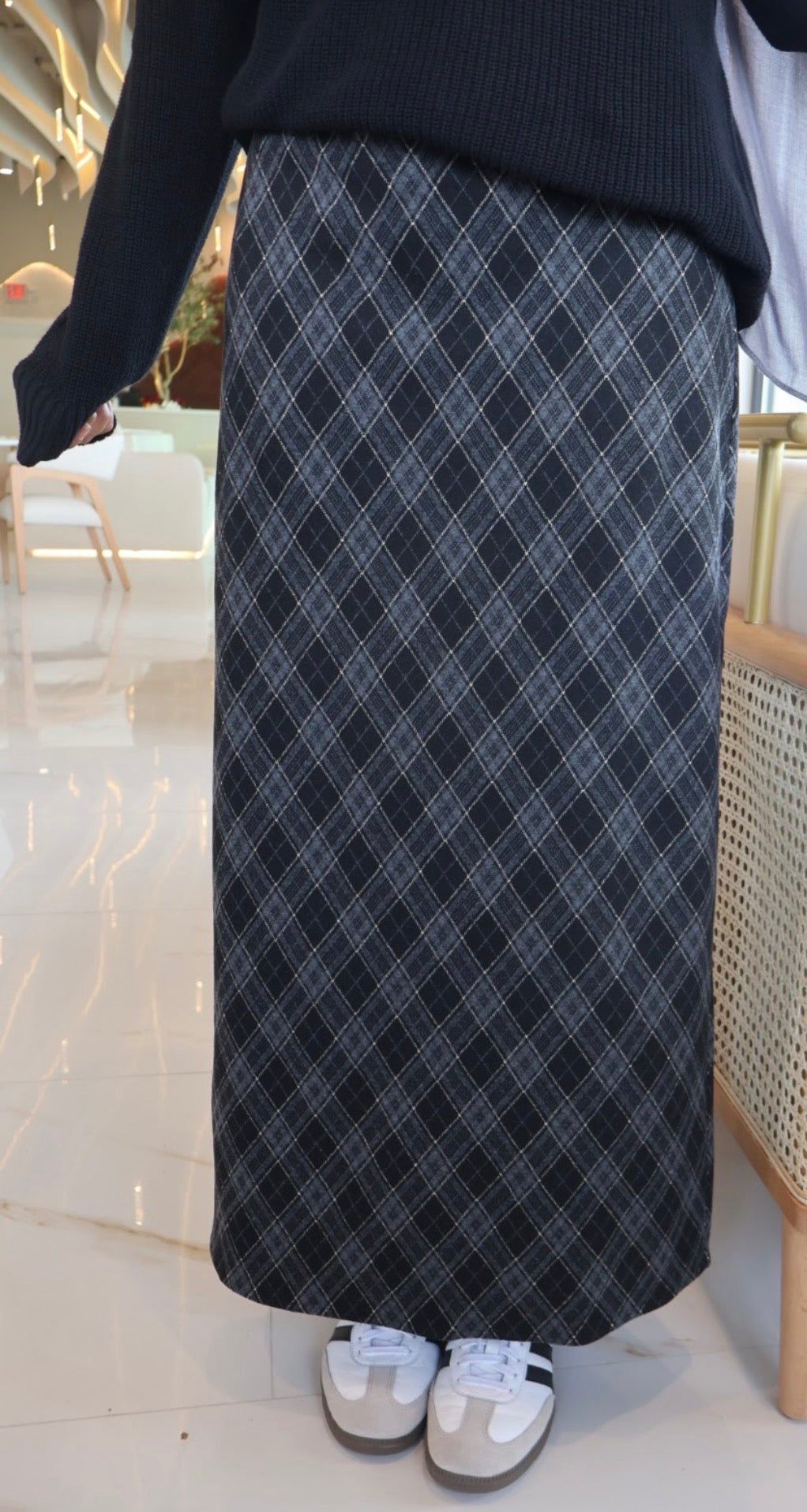 Plaid Wool Skirt-Charcoal