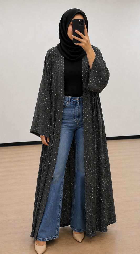 Polka dot open abaya- Faded Black