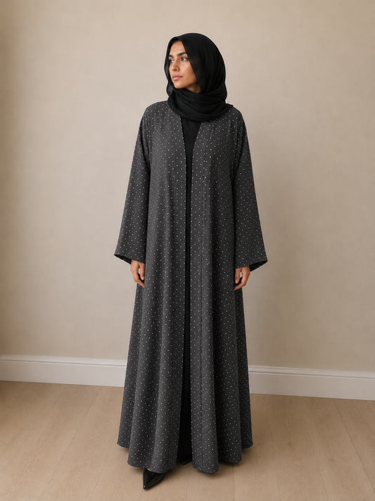 Polka dot open abaya- Charcoal