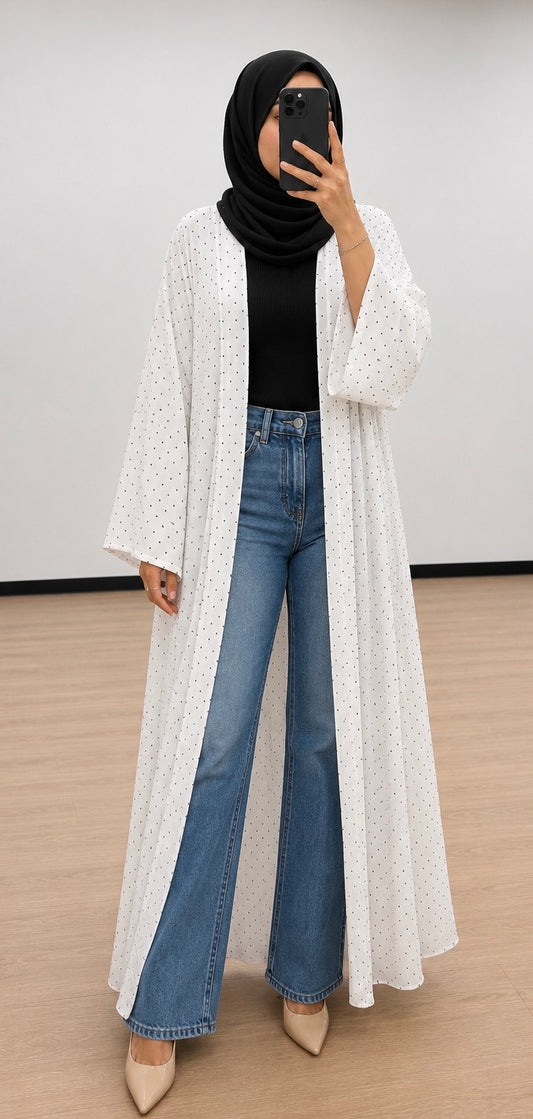 Polka dot open abaya- White