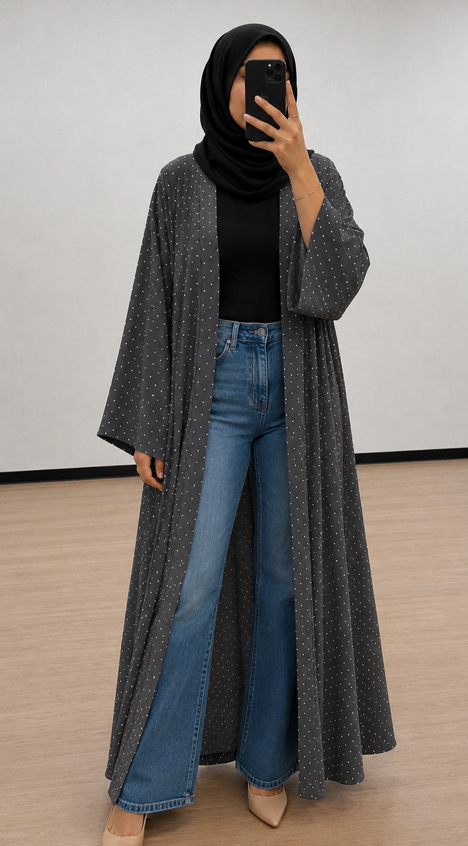 Polka dot open abaya- Charcoal